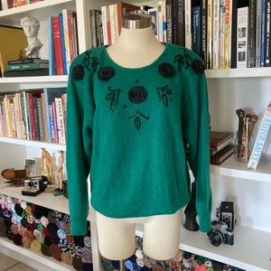 Vintage 80s Green Sweater with Black Floral Embellishments
